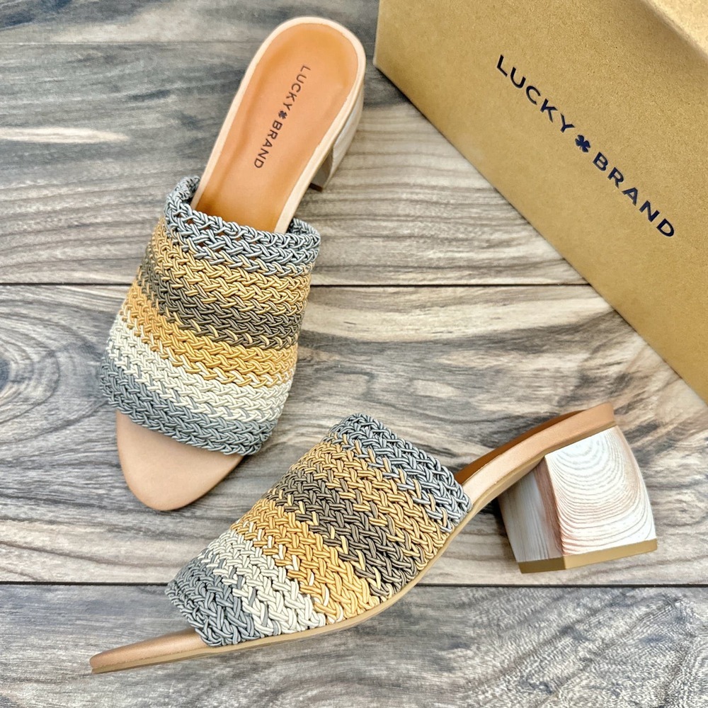 NIB Lucky Brand Nanssi 8.5M Multicolor Woven Crochet Mule Block Heel Sandals